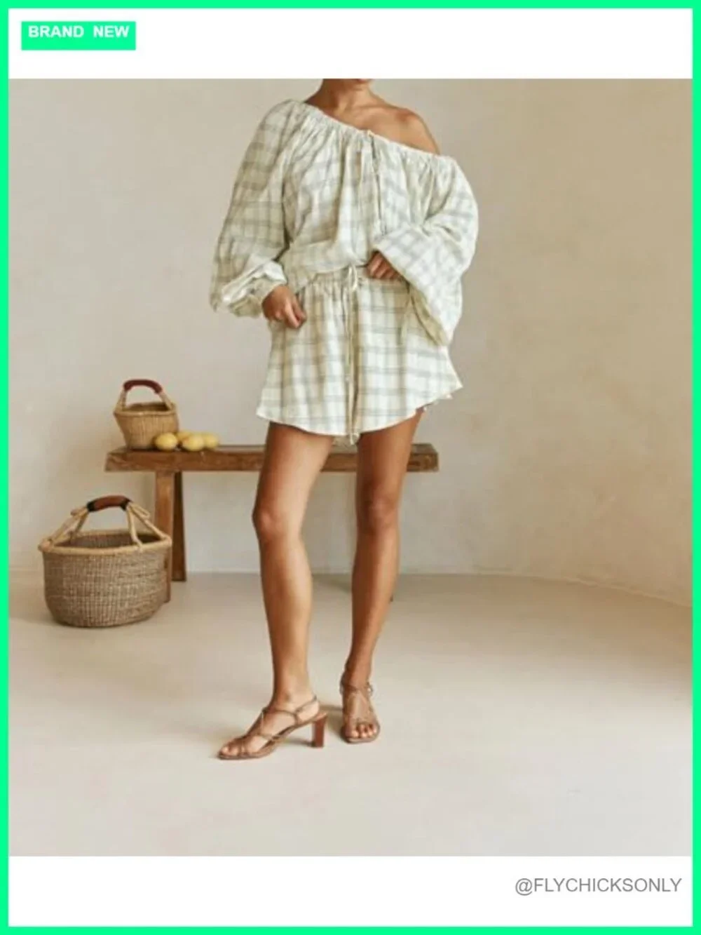 Women Gingham Pajama Set 2 Piece Long Puff Sleeve Babydoll Top Ruffle Plaid